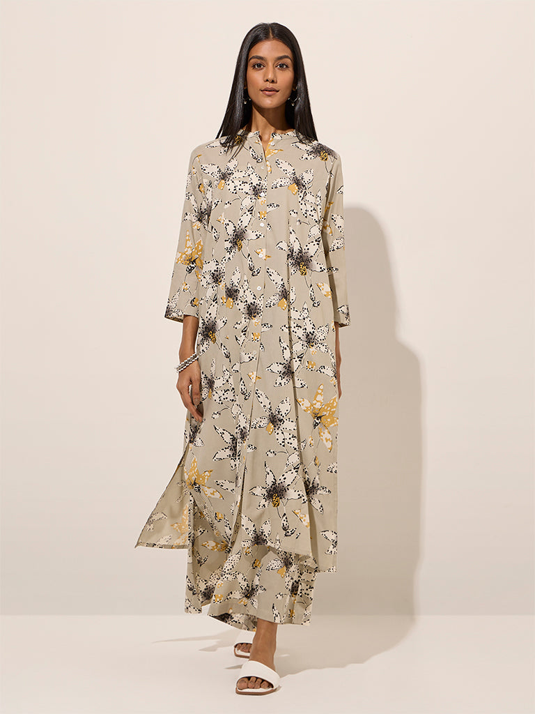 Utsa Grey Floral Printed A-Line Kurta