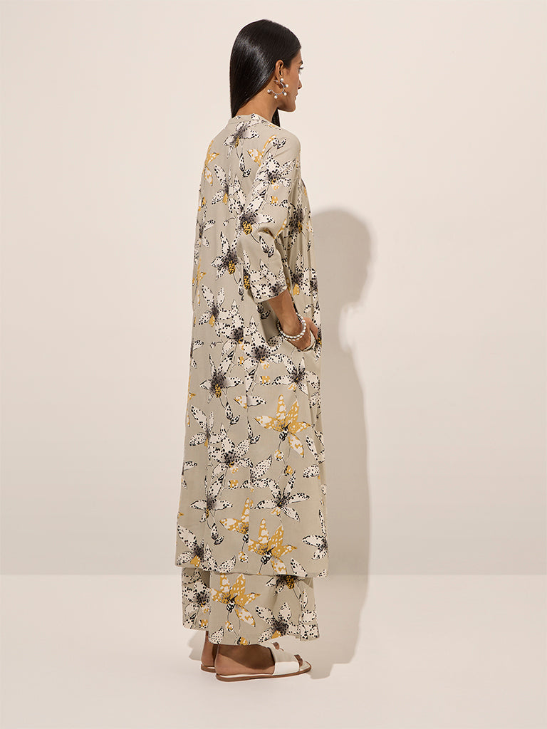 Utsa Grey Floral Printed A-Line Kurta