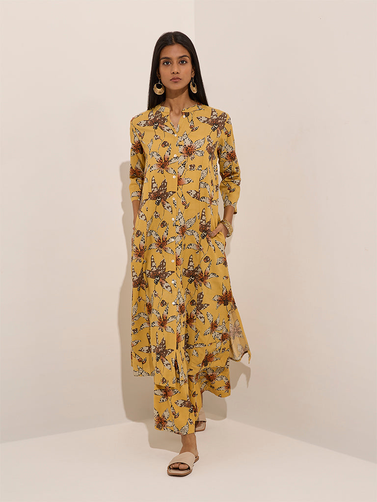 Utsa Yellow Floral Printed A-Line Kurta