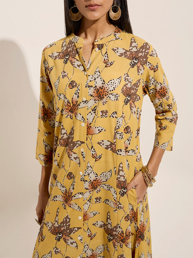 Utsa Yellow Floral Printed A-Line Kurta