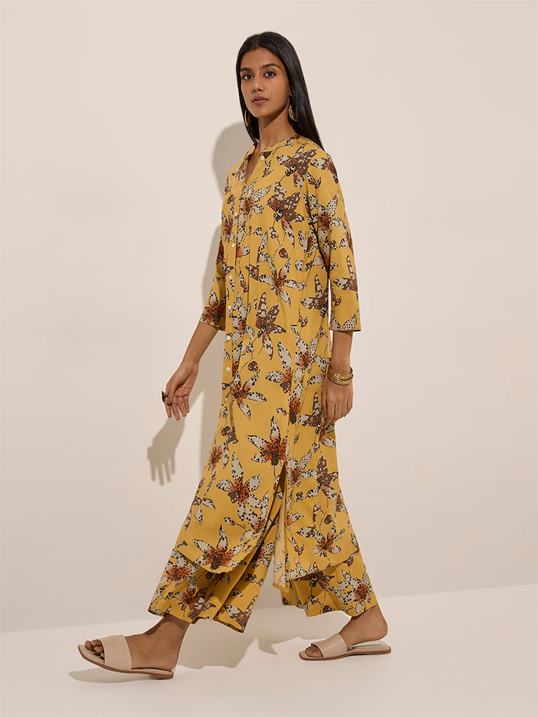 Utsa Yellow Floral Printed A-Line Kurta