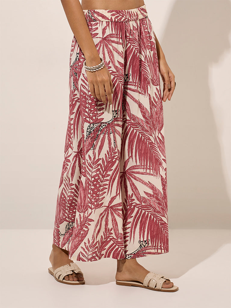 Utsa Dark Pink Tropical Printed Palazzos