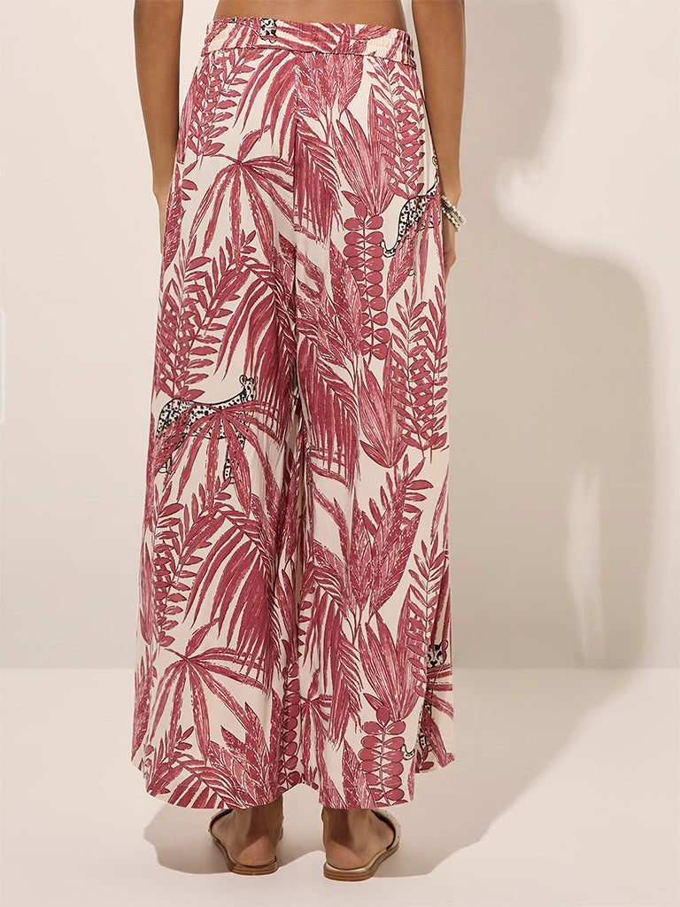 Utsa Dark Pink Tropical Printed Palazzos