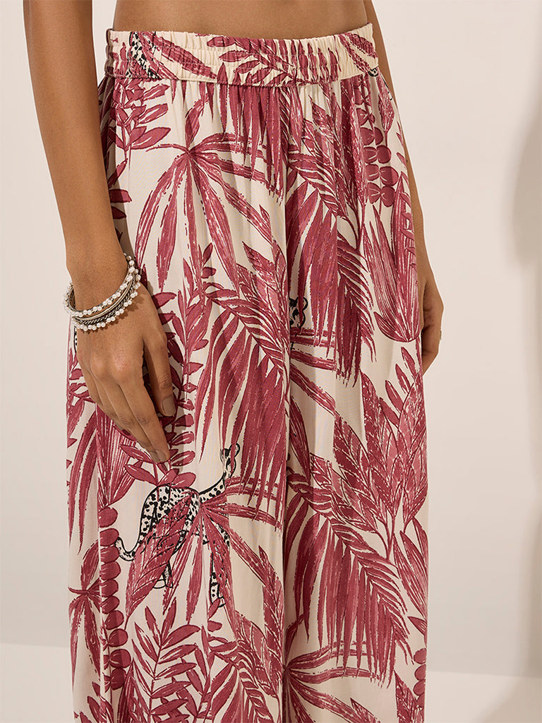 Utsa Dark Pink Tropical Printed Palazzos