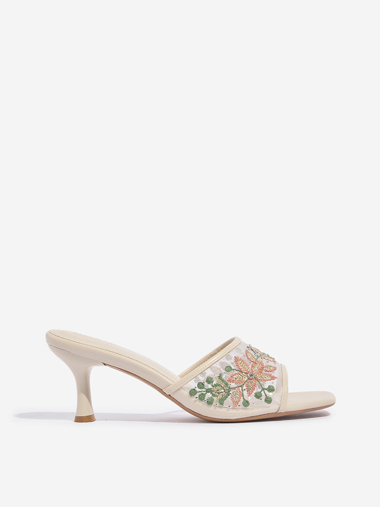 LUNA BLU Ivory Mesh Embroidered Heel Sandals