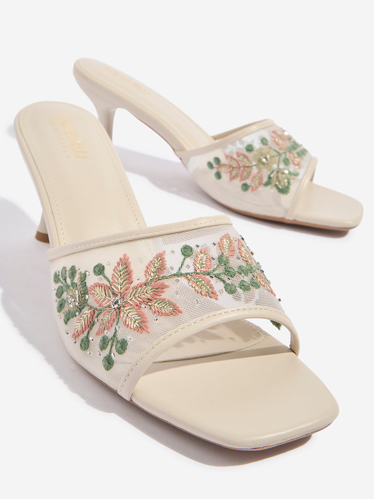 LUNA BLU Ivory Mesh Embroidered Heel Sandals