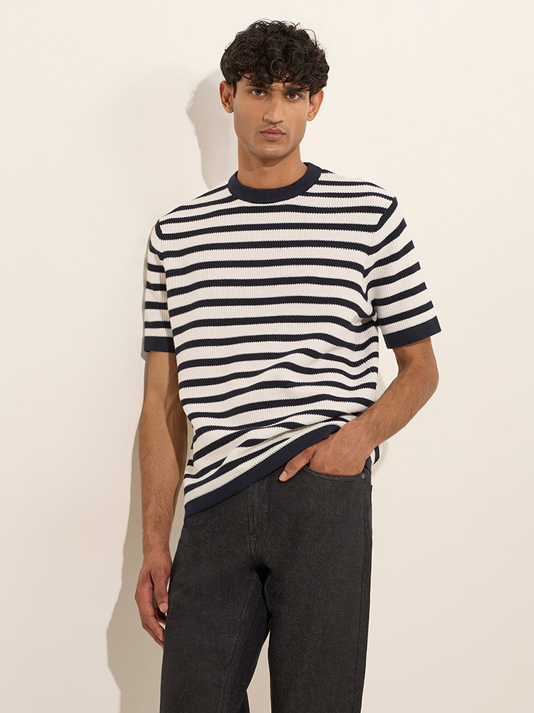 Ascot Navy Striped and Knitted Relaxed-Fit T-Shirt