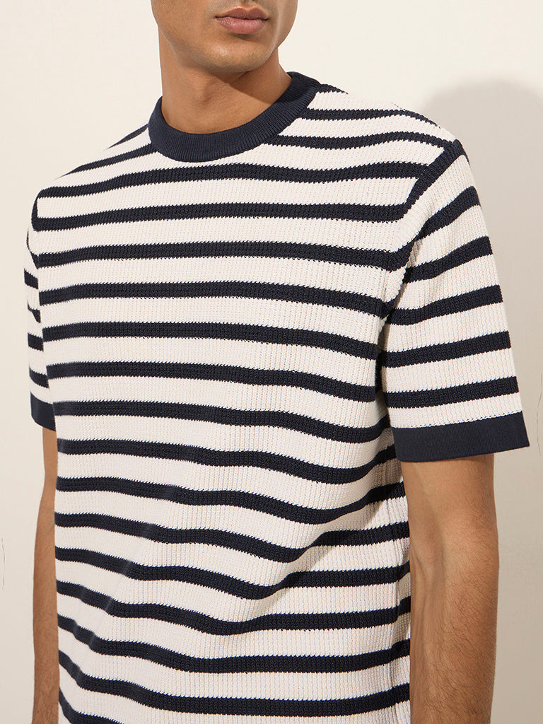 Ascot Navy Striped and Knitted Relaxed-Fit T-Shirt