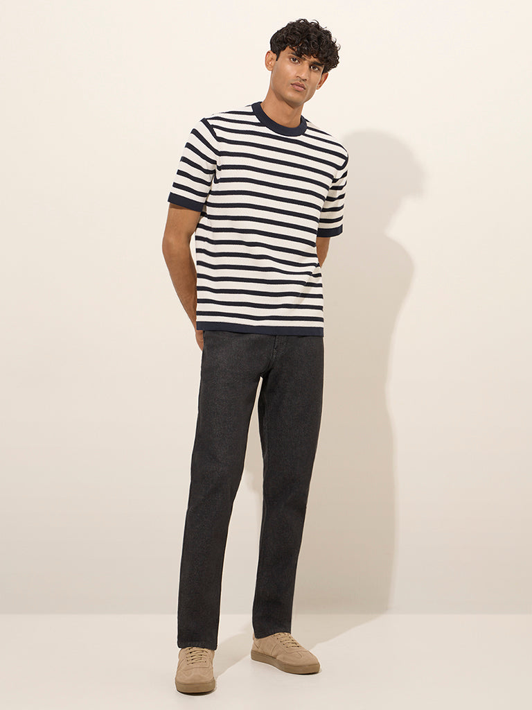 Ascot Navy Striped and Knitted Relaxed-Fit T-Shirt