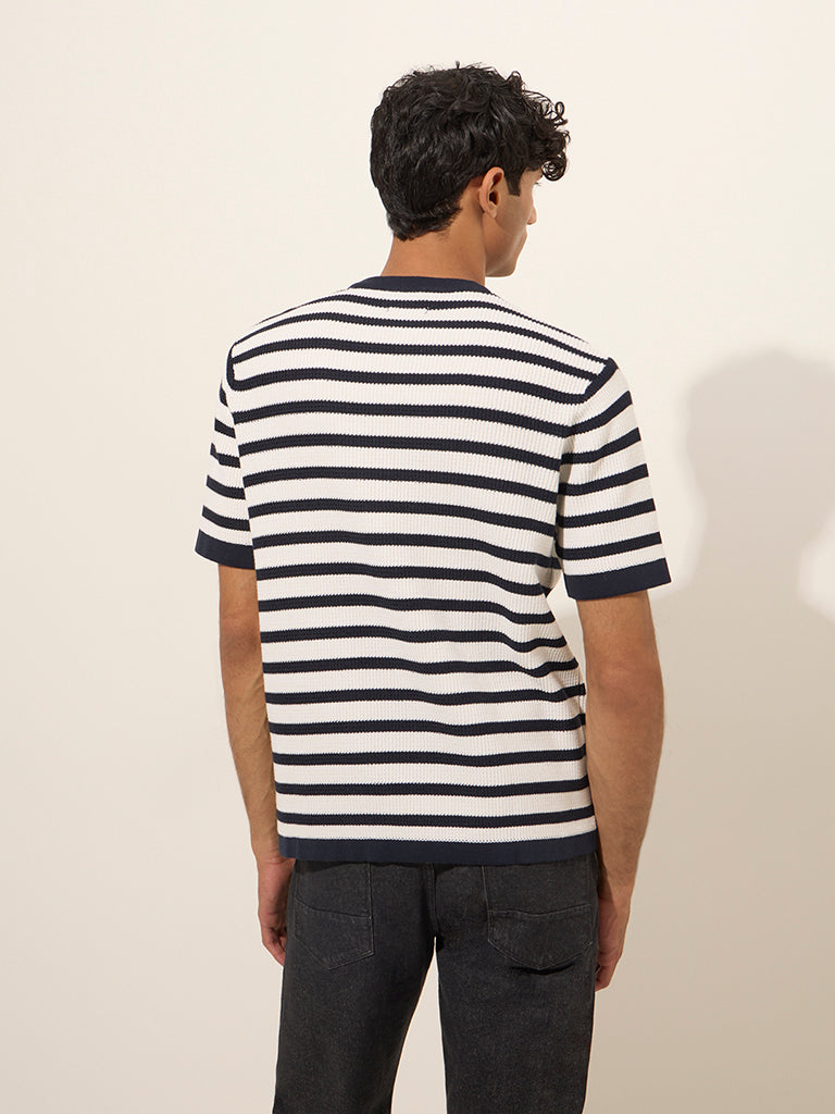 Ascot Navy Striped and Knitted Relaxed-Fit T-Shirt