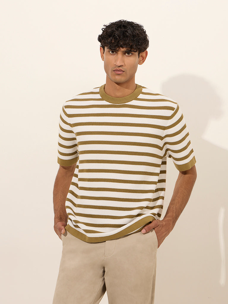 Ascot Dark Yellow Striped and Knitted Relaxed-Fit T-Shirt