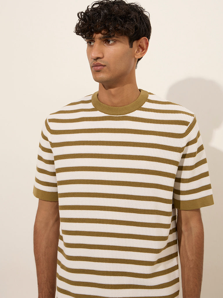 Ascot Dark Yellow Striped and Knitted Relaxed-Fit T-Shirt