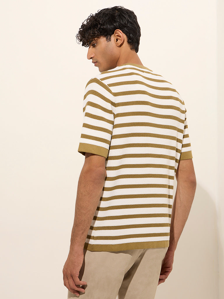 Ascot Dark Yellow Striped and Knitted Relaxed-Fit T-Shirt