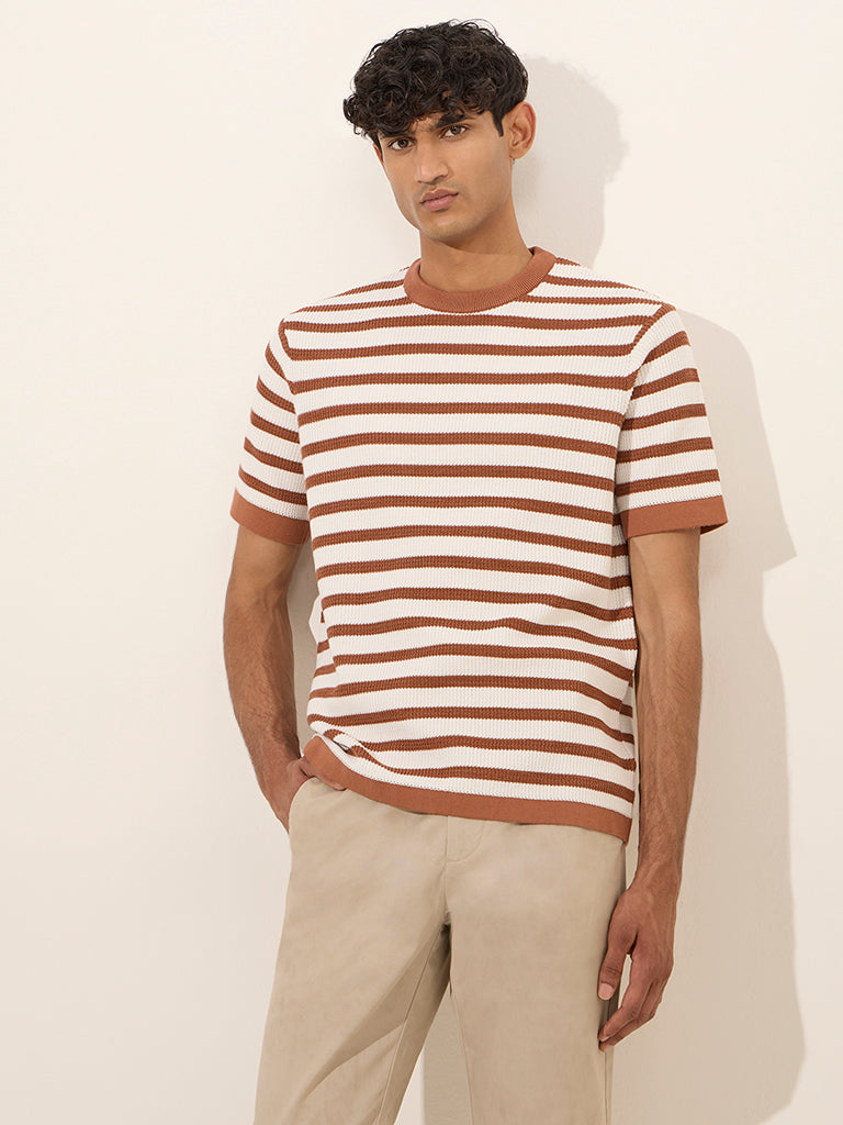 Ascot Rust Striped and Knitted Relaxed-Fit Cotton-Blend T-Shirt