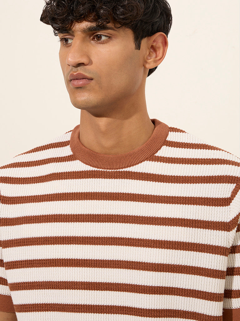 Ascot Rust Striped and Knitted Relaxed-Fit Cotton-Blend T-Shirt