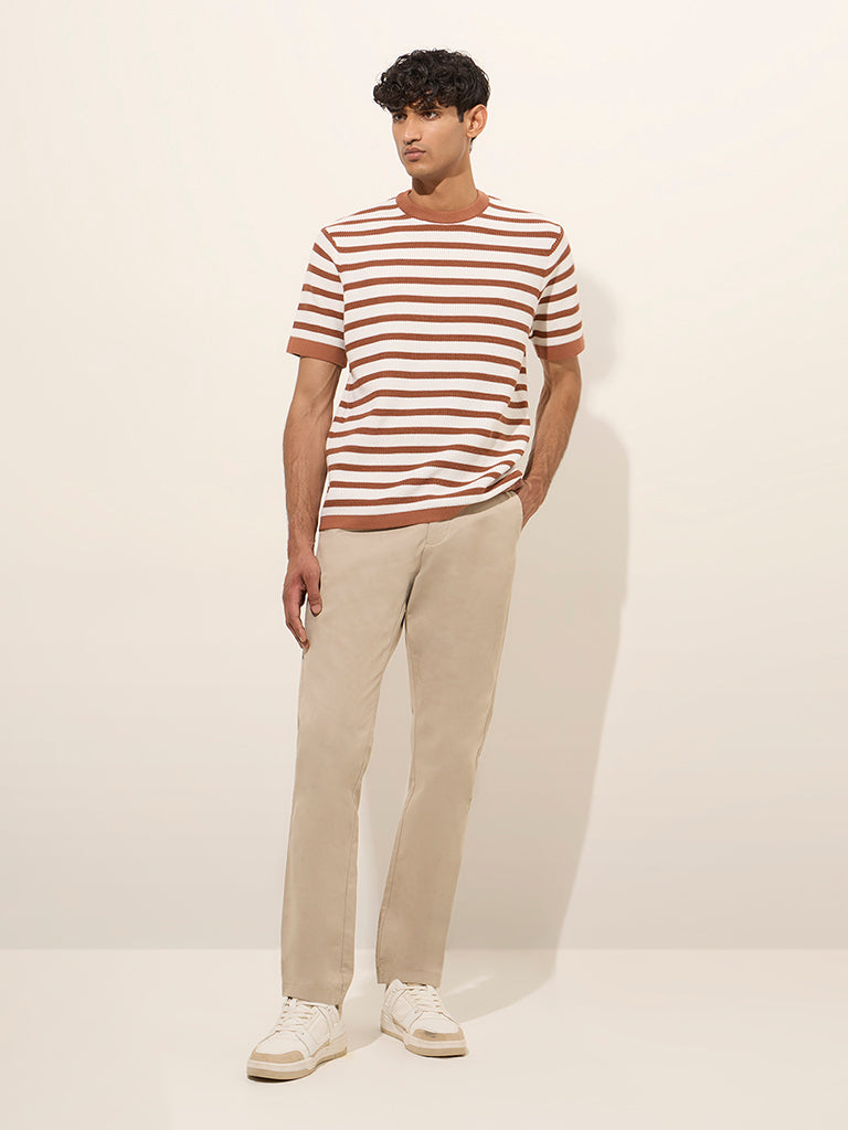 Ascot Rust Striped and Knitted Relaxed-Fit Cotton-Blend T-Shirt