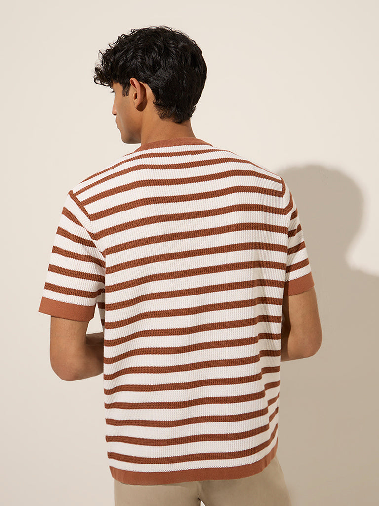 Ascot Rust Striped and Knitted Relaxed-Fit Cotton-Blend T-Shirt