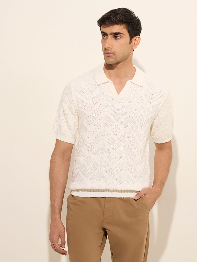 Ascot Off-White Chevron-Textured Relaxed-Fit T-Shirt