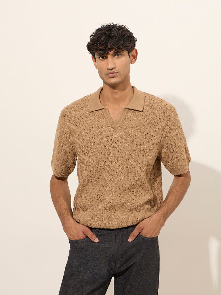 Ascot Taupe Textured Relaxed-Fit Cotton-Blend Polo T-Shirt