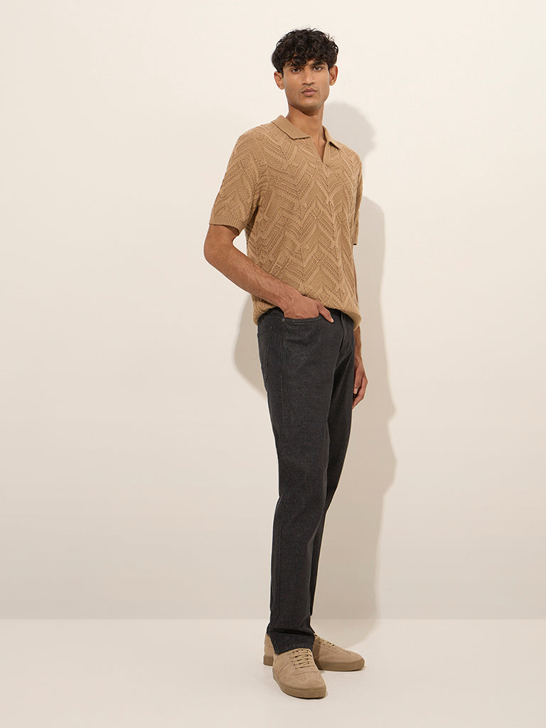 Ascot Taupe Textured Relaxed-Fit Cotton-Blend Polo T-Shirt