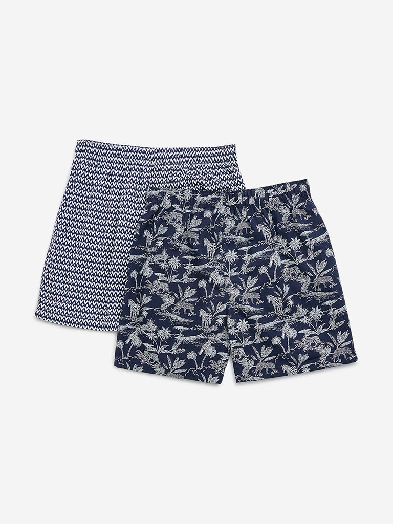 WES Lounge Navy Relaxed-Fit Cotton Boxers - Pack of 2