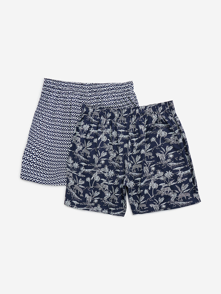 WES Lounge Navy Relaxed-Fit Cotton Boxers - Pack of 2