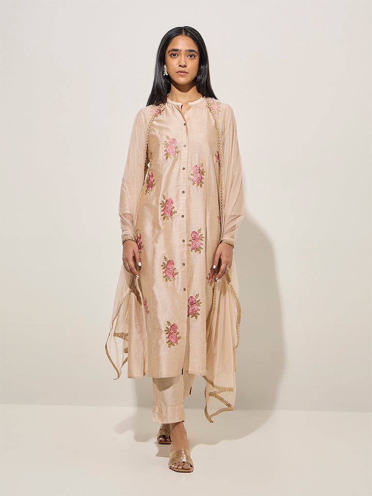 Vark Beige Embroidered A-Line Kurta, Pants and Dupatta Set