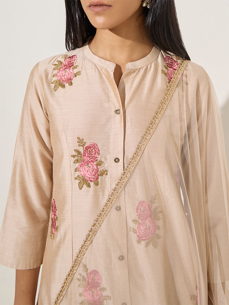 Vark Beige Embroidered A-Line Kurta, Pants and Dupatta Set