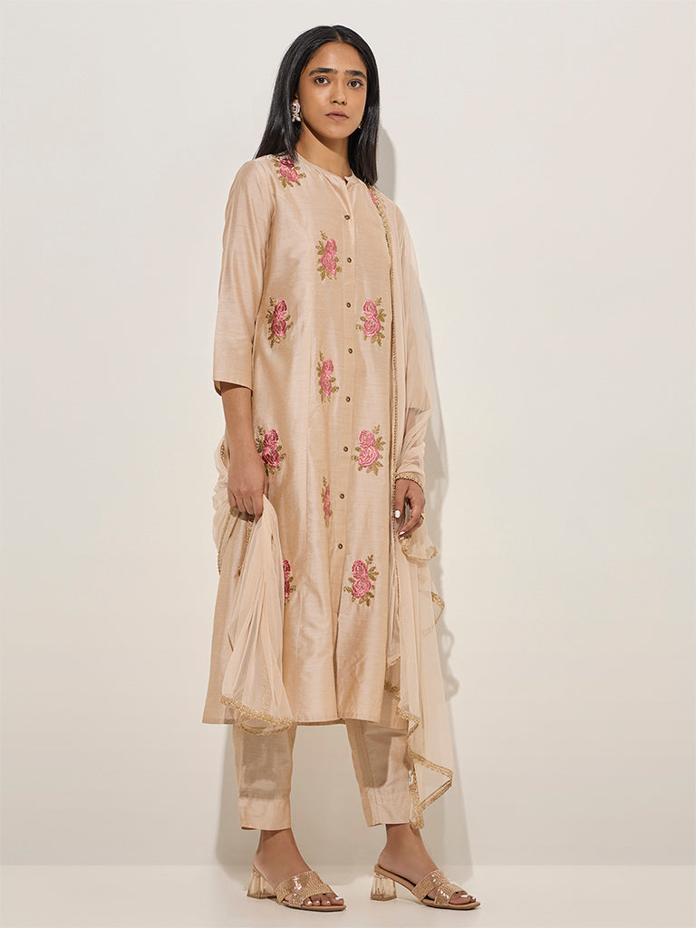 Vark Beige Embroidered A-Line Kurta, Pants and Dupatta Set