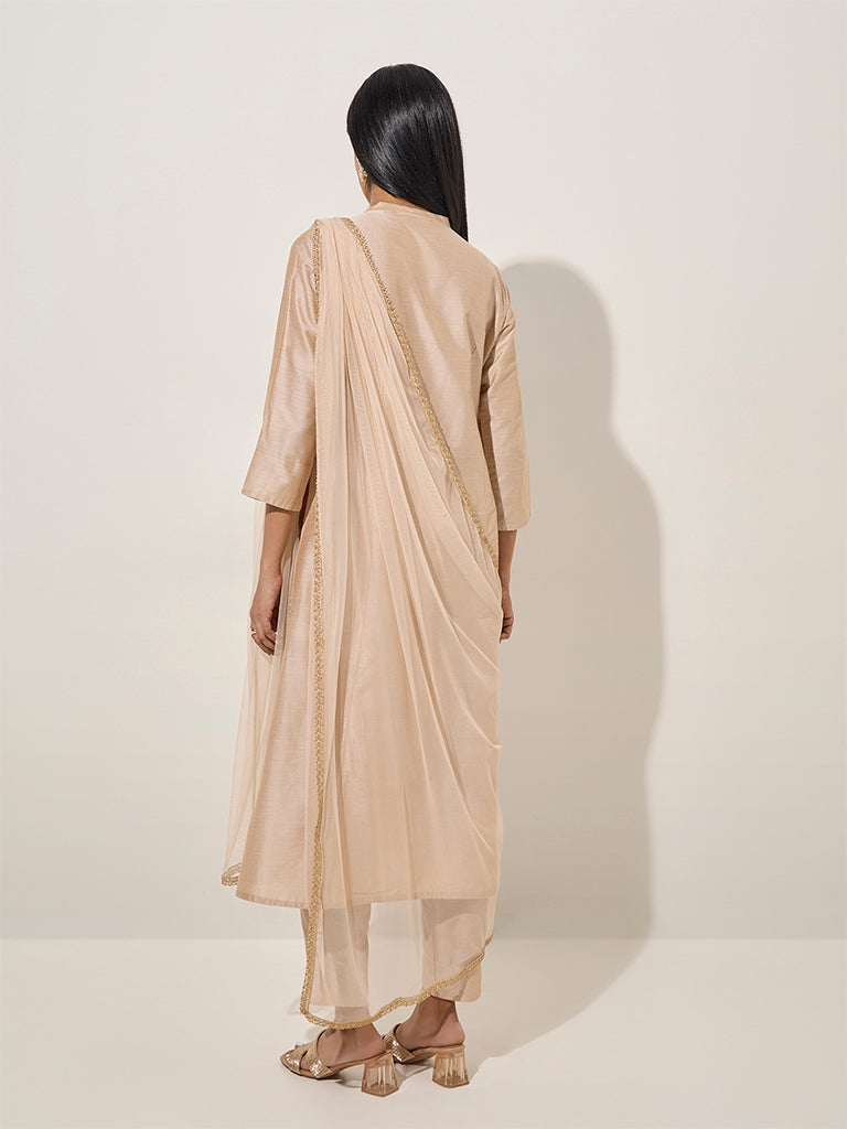 Vark Beige Embroidered A-Line Kurta, Pants and Dupatta Set