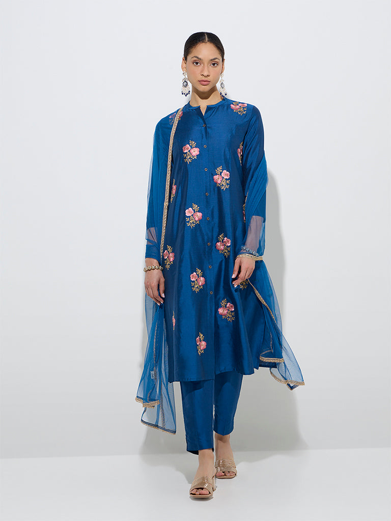 Vark Indigo Floral A-Line Kurta, Pants and Dupatta Set