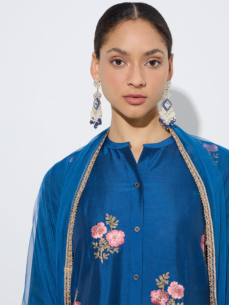 Vark Indigo Floral A-Line Kurta, Pants and Dupatta Set