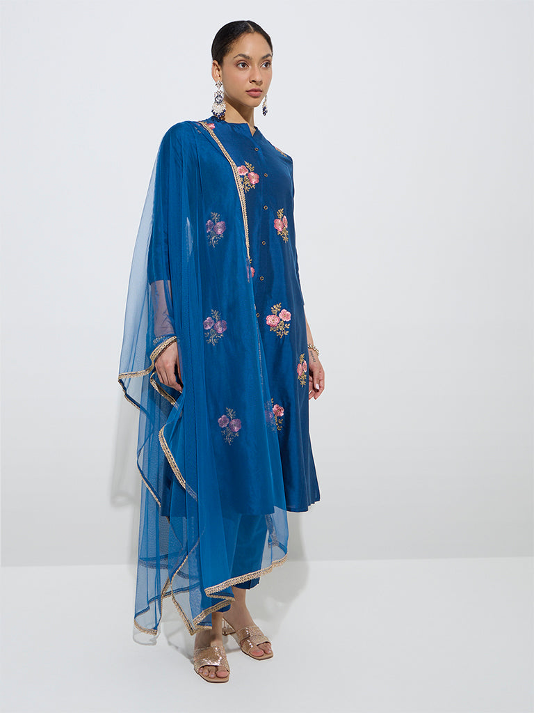 Vark Indigo Floral A-Line Kurta, Pants and Dupatta Set