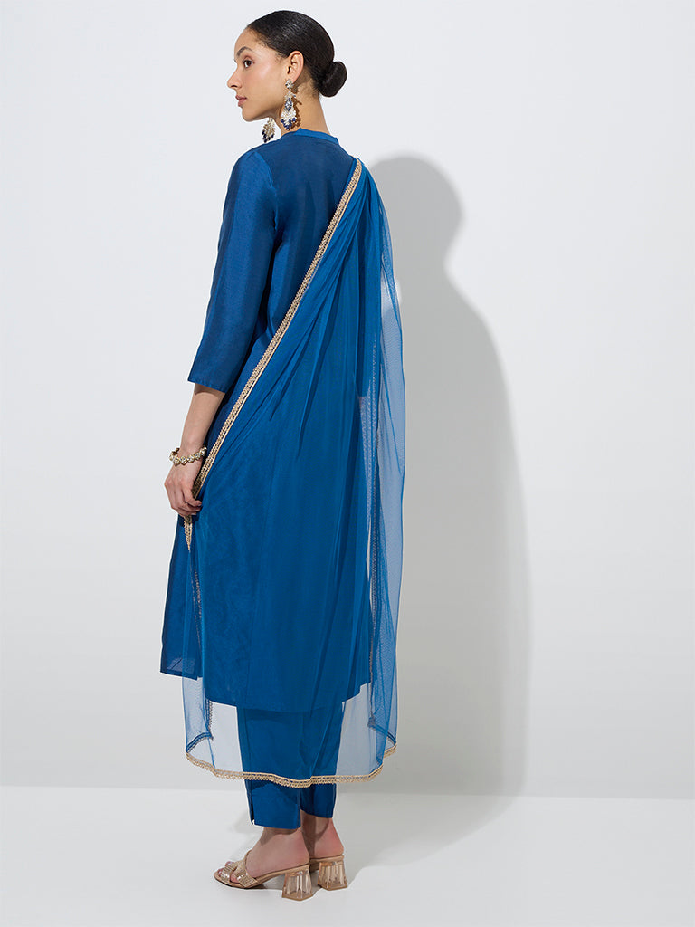 Vark Indigo Floral A-Line Kurta, Pants and Dupatta Set