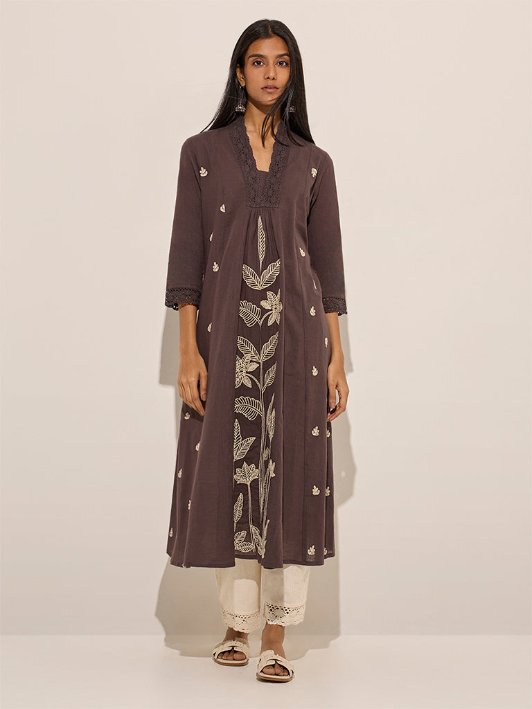 Utsa Charcoal Foliage Embroidered A-Line Cotton Kurta