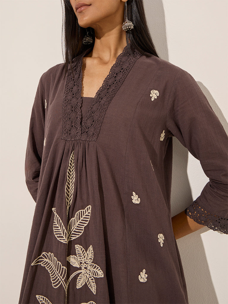 Utsa Charcoal Foliage Embroidered A-Line Cotton Kurta