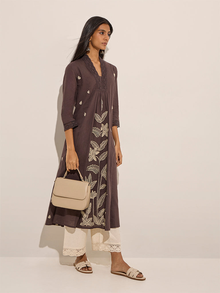 Utsa Charcoal Foliage Embroidered A-Line Cotton Kurta