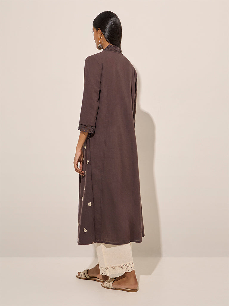 Utsa Charcoal Foliage Embroidered A-Line Cotton Kurta