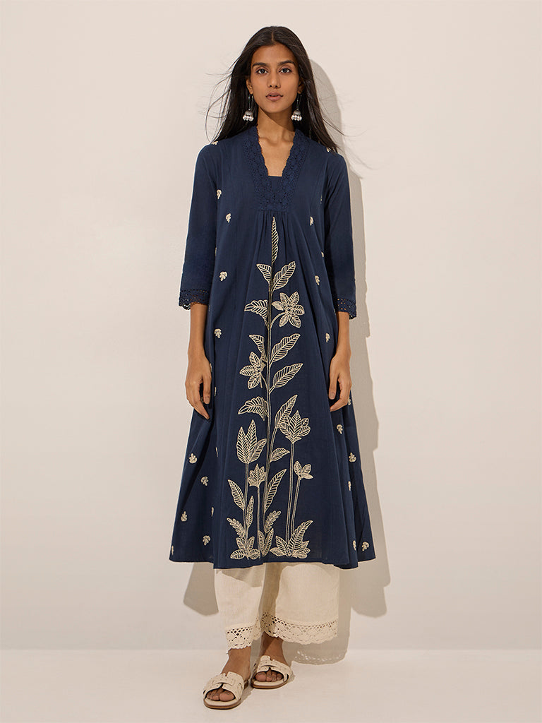 Utsa Indigo Foliage Embroidered A-Line Cotton Kurta