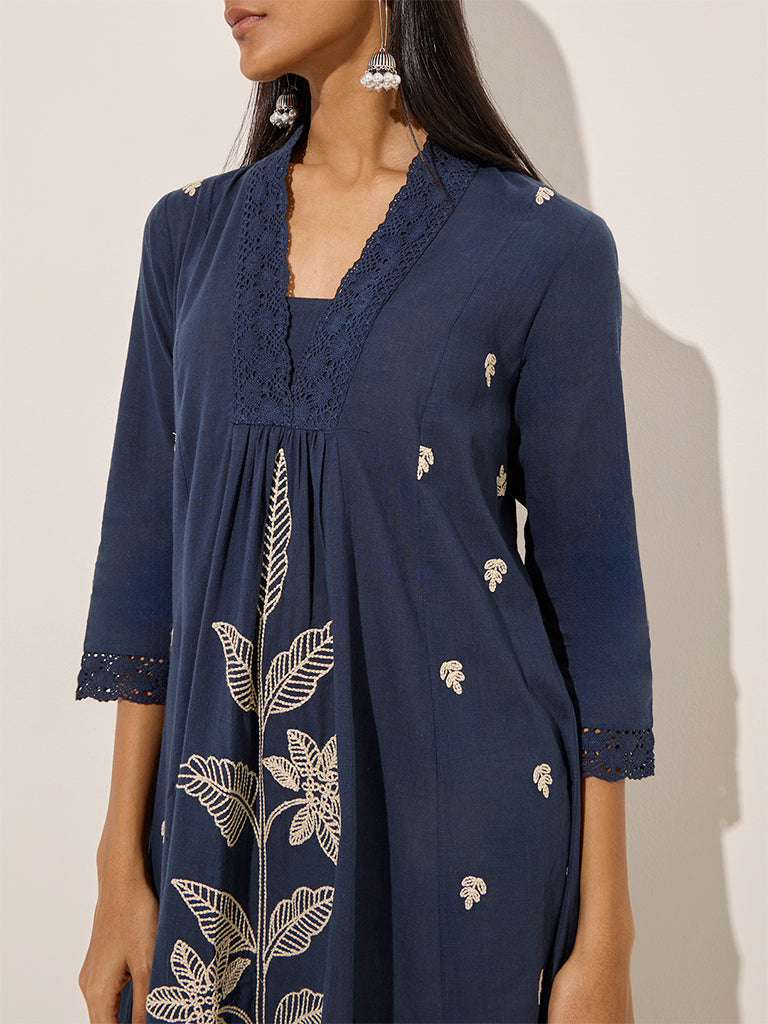 Utsa Indigo Foliage Embroidered A-Line Cotton Kurta