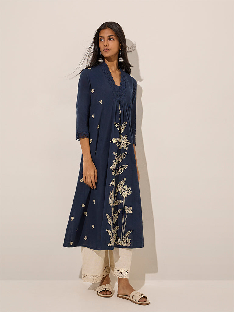 Utsa Indigo Foliage Embroidered A-Line Cotton Kurta