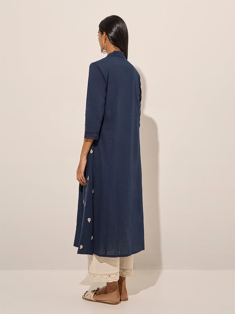 Utsa Indigo Foliage Embroidered A-Line Cotton Kurta