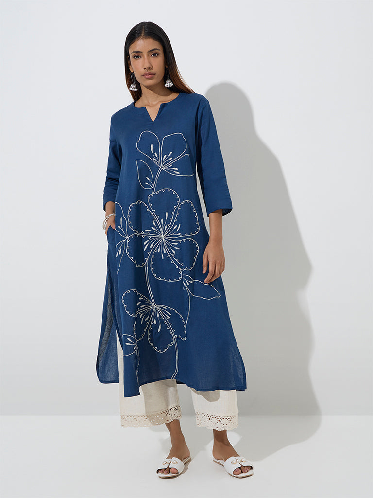 Utsa Navy Floral Embroidered Cotton-Blend A-Line Kurta