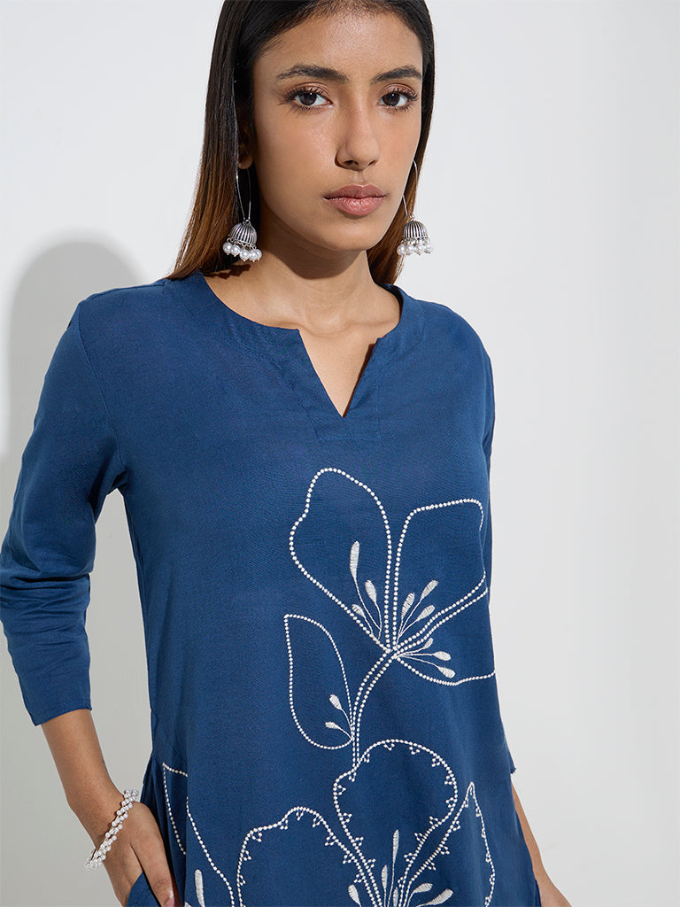 Utsa Navy Floral Embroidered Cotton-Blend A-Line Kurta