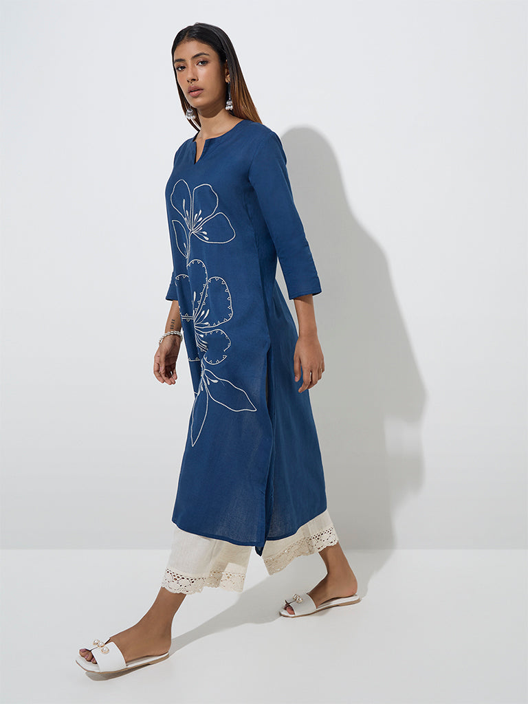 Utsa Navy Floral Embroidered Cotton-Blend A-Line Kurta