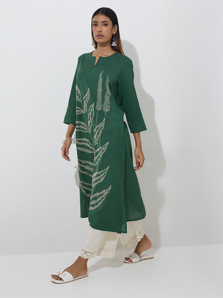 Utsa Green Leaf Embroidered Cotton-Blend A-Line Kurta