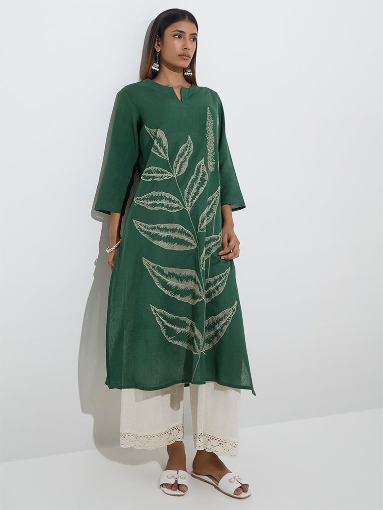 Utsa Green Leaf Embroidered Cotton-Blend A-Line Kurta