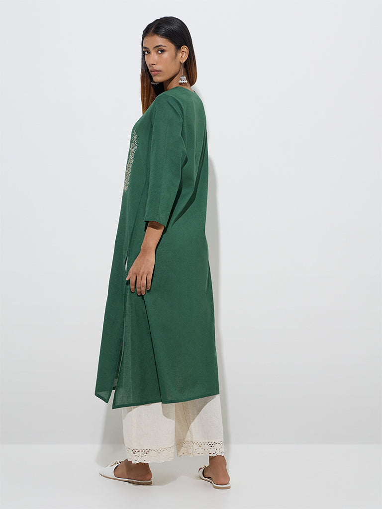 Utsa Green Leaf Embroidered Cotton-Blend A-Line Kurta