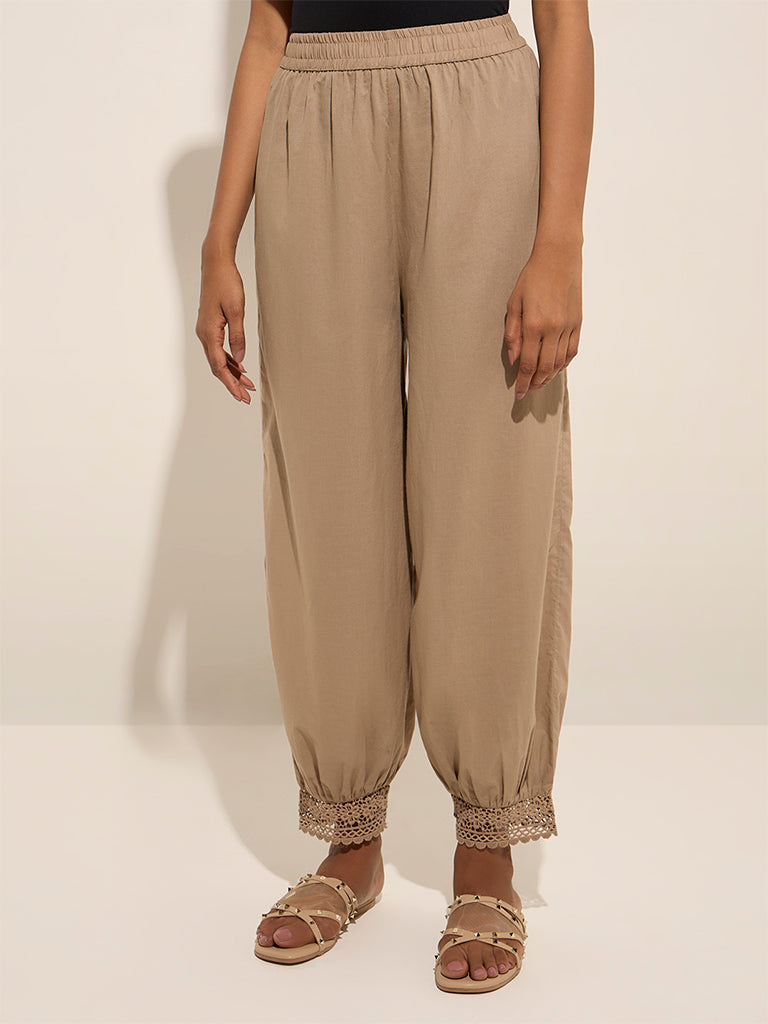 Utsa Beige Crochet-Detailed Harem-Style Cotton Pants