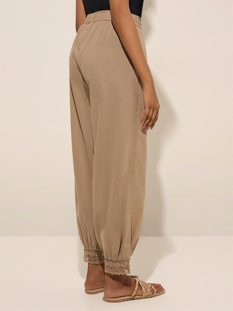 Utsa Beige Crochet-Detailed Harem-Style Cotton Pants